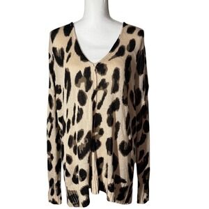 By Together Leopard Print Oversized V-Neck Sweater L Tan Black Excellent Knit